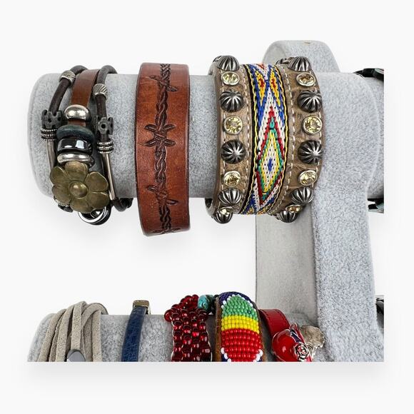 Bracelet Lot 21 Leather Wristband Strip Wrap Beaded Man Made Braided Cords Clasp - Picture 3 of 8